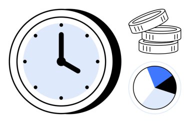 Duvar saati, bozuk para yığını ve zaman yönetimi, finansal planlama, organizasyon, verimlilik. Zamanlama, yatırım, verimlilik karar verme kaynağı için ideal