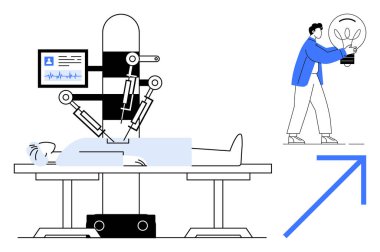 Robot, ampul taşıyan hasta üzerinde gelişmiş teknoloji kullanıyor. Sağlık, yenilik, yapay zeka, robotik, gelecekteki teknoloji, bilim, takım çalışması için ideal. Basit düz metafor