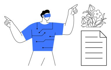 VR kulaklık takan fütürist figür bağlı dijital sistemlerle etkileşime giriyor, çiçek açan bitki ve belgeleri analiz ediyor. Yenilik, eğitim, teknoloji eğitimi, sürdürülebilirlik, veri çalışması için ideal