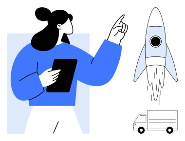 Elinde bir tablet taşıyan kadın, elinde teslimat kamyonu ile roket illüstrasyonunu işaret ederek büyüme, yenilik, lojistik ve girişimciliği temsil ediyor. Girişimler için ideal, ulaşım fikirleri, planlama, yaratıcılık