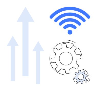 İlerleme için yukarı bakan oklar, bağlantı için kablosuz sinyal, teknoloji ve otomasyon için vites. Yenilik, büyüme, kablosuz, teknoloji, ilerleme, otomasyon verimliliği için ideal