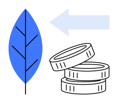 Mavi yaprak, istiflenmiş paralar ve ilerlemeyi ya da değişimi gösteren bir yön oku. Temalar için ideal, eko-ticaret, sürdürülebilirlik, yatırımlar, büyüme, çevre, yeşil ekonomi basit
