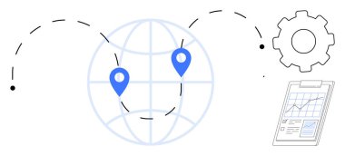 Kesik çizgiler, dişli simgesi ve veri tablosu ile bağlanmış nokta işaretleyicili dünya. Teknoloji, proje planlaması, küreselleşme, lojistik, analitik iş akışı yeniliği için idealdir. Basit.