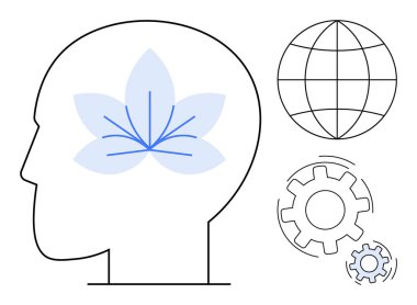 İçinde çiçeğin olduğu insan kafası ana hatları farkındalığı simgeliyor, küresel düşünce küresi, yenilik için vitesler. Refah, yaratıcılık, küresel ulaşım, takım çalışması, büyüme, farkındalık için ideal