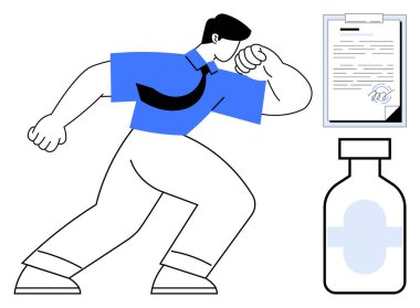 İş adamı, yanında pano ve ilaç şişesiyle imzalı bir sözleşmeyle birlikte, kendinden emin bir şekilde öne çıkıyor. Profesyonellik, sağlık sorumluluğu, iş hareketi, sağlık politikaları için ideal