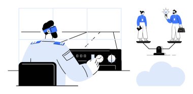 Pilot kokpit aletleri kullanıyor, insanlar fikir ve belge tutarak tartıda denge kuruyor. Takım çalışması, karar verme, liderlik, denge, havacılık, problem çözme, basit düz metafor