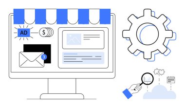 Pazarlama araçları olan masaüstü ekranı, otomasyon, e-posta, bulut analizi, büyüteç. Pazarlama, teknoloji, otomasyon, analitik iletişim gelişimi için idealdir.