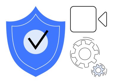 İşaretli mavi kalkan, medya için video simgesi ve işletim için vites. Siber güvenlik, veri gizliliği, dijital koruma, yazılım işlevselliği, video işleme, teknolojik çözümler için ideal