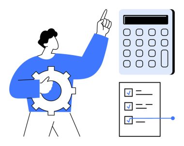 Dişli sembolü tutan kişi, hesap makinesinin yakınını işaret ediyor ve listeyi tamamladı. Üretkenlik, verimlilik, problem çözme, organizasyon, planlama, takım çalışması stratejisi için idealdir. Basit.