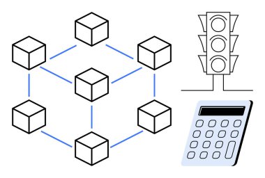 Birbirine bağlı küplere, hesap makinesine ve karar süreçlerini temsil eden trafik ışığına sahip engelleme zinciri ağı. Teknoloji, bağlantı, yenilik, otomasyon, finans ve karar verme için ideal
