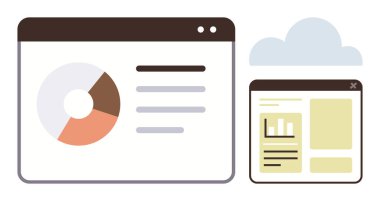 Dairesel çizelge, web arayüzü ekranlarındaki metin blokları ve bulut sembolü. Analiz, raporlama, veri görselleştirme, bulut hesaplama, iş planlama organizasyon teknolojisi için ideal. Çok basit.