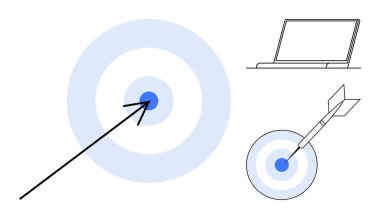 Ok hedefleri tam ortasından vuruyor, yanında da dizüstü bilgisayar var. Odaklanma, başarı, strateji, hedef belirleme, dijital pazarlama, başarı çevrimiçi iş kavramları için ideal. Basit düz metafor