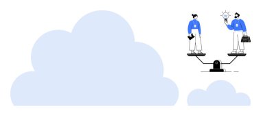 Dengeli bir tahterevallideki iki profesyonel fikirleri paylaşıyor, işbirliği yapıyor, belgeleri tutuyor. Takım çalışması, yenilik, eşitlik, denge, liderlik stratejisi üretkenlik temaları için idealdir. Basit.