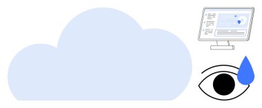 Büyük bulut sembolü, veri arayüzü gösteren bilgisayar ekranı ve damlacıklı bir göz. Veri depolama, siber güvenlik, gizlilik, dijital hizmetler, çevrimiçi güvenlik, bulut teknolojisi için ideal minimum