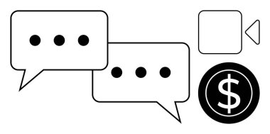 İki sohbet balonu, video kamera ikonu ve dolar işareti çevrimiçi iletişimi, uzaktan işbirliğini ve finansal değişimi simgeliyor. İş, teknoloji, ağ, e-ticaret dijital için ideal