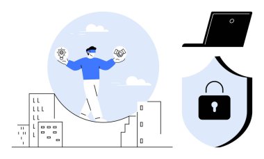 Yenilik ve işbirliğini dengeleyen kişi, dizüstü bilgisayar ve kalkan kilit simgesi güvenliğiyle. Takım çalışması, yaratıcılık, güvenlik, teknoloji, modern iş, problem çözme, basit daire