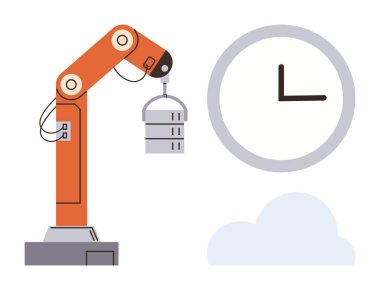 Saat ve bulut yanında robot kol kaldırma objesi, otomasyonu simgeliyor, zaman yönetimi, endüstri, verimlilik, yenilik, lojistik ve verimliliği. Basit düz metafor için ideal