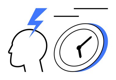 Kafalarında şimşek çakan insanlar fikirleri ve zamanı simgeleyen bir saati simgeliyor. Yaratıcılık, yenilik, verimlilik, teslim tarihleri, verimlilik, problem çözme ve odaklanma için ideal. Basit düz metafor