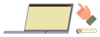 Açık ekranlı dizüstü bilgisayar, arama çubuğuna yakın el gösterimi çevrimiçi navigasyon, arama ve kullanılabilirliği vurgular. Teknoloji, eğitim, tarama, verimlilik, UX dijital beceriler için ideal basit düz