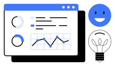 Analitik gösterge paneli grafikler, pasta grafikleri ve veri görselleştirmesini gösteriyor. Ampul yeniliği simgeler, mutlu yüz memnuniyeti simgeler. Veri içgörüleri, analitikler, yaratıcılık ve çözümler için ideal