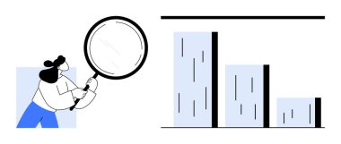 Elinde büyüteç tutan bir kadın üç çubukla bir bar çizelgesini inceliyor. Analiz, iş stratejisi, araştırma, veri analizi, pazar eğilimleri, vizyon, keşif için ideal. Basit düz metafor