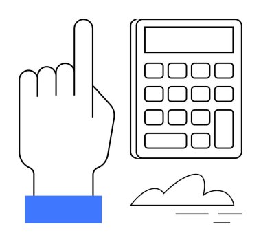 Hesap makinesinin yanında yükseltilmiş işaret parmağı ve minimum bulut detayı olan bir el. Finans, eğitim, planlama, rehberlik, karar verme, öğretim, muhasebe ve basit düz metafor için ideal