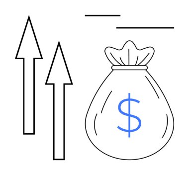 Artan gelir, yatırım, kar büyümesi, tasarruf anlamına gelen para çantasının yanında yükselen oklar. Finans, ekonomi, yatırım stratejisi, bütçe yönetimi ve refah artırma ekonomisi için ideal