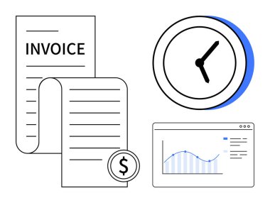 Bir dolar simgesi olan fatura kağıdı, zamanı gösteren bir saat ve veri grafiği gösteren bir ekran. Faturalama, muhasebe, finans izleme, işletme yönetimi, zaman verimliliği, veri