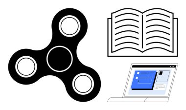 Siyah hareketli fırıldak, metin satırlı açık kitap ve aktif dijital görev arayüzü olan dizüstü bilgisayar. Eğitim, odaklanma, verimlilik, öğrenme, farkındalık teknolojisi için ideal modern araçlar. Basit.