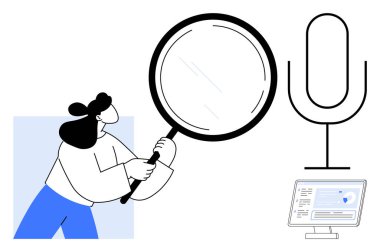 Bir kadın mikrofon ve ekranın yanında büyüteçle tutuyor ve inceliyor. Araştırma, analitik, inceleme, ses araması, teknoloji araçları, soruşturma için ideal