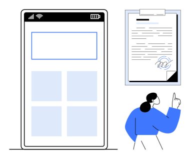 Bir ızgara düzeni, imzalı belge ve işaret eden bir kullanıcı ile cep telefonu uygulama arayüzü görüntüleme. Teknoloji, iş dünyası, dijital imza, evrak işleri, sözleşmeler, iletişim iş akışı için ideal