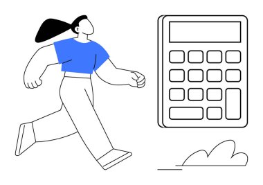 Mavi elbiseli kadın, büyük boy hesap makinesinin yanında öne çıkıyor. Finans, bütçe, hırs, planlama, hesaplama, motivasyon, kariyer büyümesi için idealdir. Basit düz metafor.