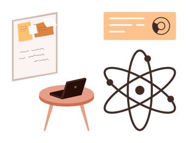 Üzerinde yapışkan notlar olan beyaz tahta, masada dizüstü bilgisayar ve atom diyagramı. Eğitim, bilim, araştırma, beyin fırtınası, takım çalışması yeniliği için ideal. Yaratıcılığın basit düz metaforu