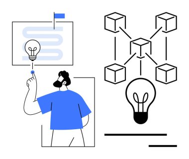 İnsan yolculuk haritasındaki ampulü birbirine bağlı bloklar ve ampullerle etkinleştirir. Yenilik, beyin fırtınası, ağ oluşturmayı sembolize eder. Takım çalışması, yaratıcılık, strateji, planlama ve iş için ideal