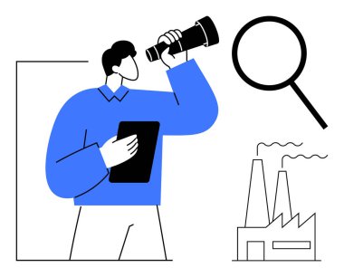 İşadamı elinde tablet, fabrika yakınında teleskop ve büyüteç kullanıyor. Araştırma, endüstri analizi, girişimcilik, strateji, büyüme, yenilik için ideal, basit düz metafor