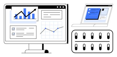 Bilgisayar monitörü ve laptop veri analiz panellerini çizelgeler, grafikler ve ilerleme raporlarıyla gösteriyor. Analiz, üretkenlik, iş büyümesi, istatistik, strateji ve planlama için ideal