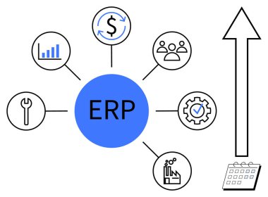 Merkezi ERP daire bağlantıları finans, analitik, takım, araçlar, vites, üretim ve yukarı doğru ok takvimi ile. Yönetim ve planlama stratejisi için ideal iş akışı otomasyon iş büyümesi