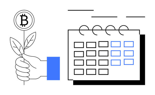 Hand holding a plant with bitcoin icon, representing investments and growth, beside a calendar. Ideal for finances, cryptocurrency, planning, sustainability, savings economy strategy. Clean flat