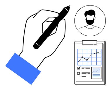 Avatarın yanında el ele yazması ve not panosunda ilerleme çizelgesi. Planlama, analiz, takım çalışması, strateji, karar verme, organizasyon, verimlilik için ideal. Asgari ve basit düz metafor