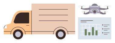 Quadcopter ve analitik çizelgesinin yanında kargo kamyonu var. Lojistik, yenilik, teknoloji, dağıtım, veri analizi, otomasyon, ulaşım için ideal. Basit düz metafor