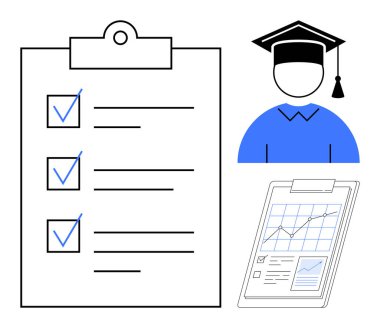 İşaretli görevleri olan kontrol listesi, kep ve cüppeli mezun avatarı, not panosundaki analitik rapor. Eğitim, başarı, planlama, analitik, kariyer hedefleri için ideal. Basit düz metafor