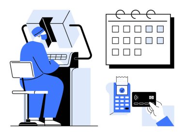 Kontrol paneli işçisi, ayakta duran takvim, ödeme terminali ve kart musluğu. Otomasyon, programlama, yönetim, verimlilik ve planlama için ideal. Basit düz metafor