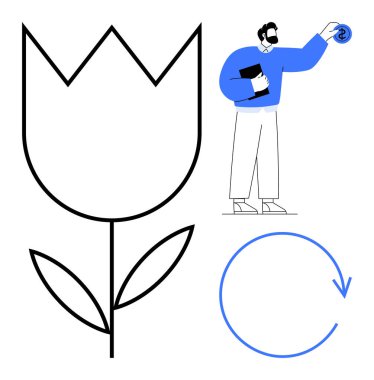 Lale çizgisi, elinde dolar olan adam, yenilenmeyi ve ekolojik bilinci temsil eden dairesel ok. Büyüme, sürdürülebilirlik, ekonomi, çevre dostu uygulamalar, geri dönüşüm, finansman minimalizmi için ideal