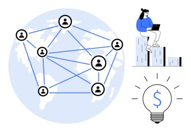 Küresel haritaya bağlı ikonlar, bar tablosunda dizüstü bilgisayarda çalışan bir kadın, dolar işareti olan bir ampul. Ağ oluşturma, uzaktan çalışma, yenilik, finans, küresel büyüme ve teknoloji için ideal