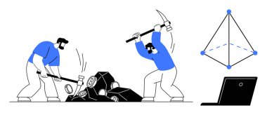 İşçiler, yakınlardaki dijital madeni paralar, dizüstü bilgisayarlar ve engelleme ağı şeması için kazma ve çekiç kullanıyorlar. Kripto para birimi, engelleme zinciri, madencilik, dijital ekonomi, takım çalışması, yenilik, basit