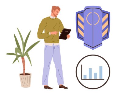 Saksı bitkisinin yanında tablet kullanan bir adam, güvenliği temsil eden bir kalkan sembolü ve veri analizini sembolize eden bir bar tablosu. Teknoloji, güvenlik, iş, analitik, büyüme, üretkenlik için ideal basit