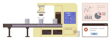 Robot taşıyıcı kutular, kontrol paneli, çizelgeler, hata bildirimi. Teknoloji, otomasyon, üretim, endüstriyel robot veri iletişimi için ideal. Basit düz metafor