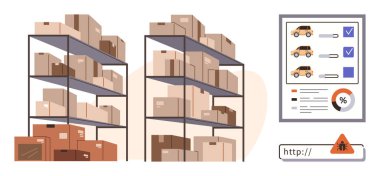 Araba siparişi takibi için dijital arayüzün yanında kutularla ve ambalaj malzemeleriyle dolu raflar. Lojistik, envanter, e-ticaret, nakliye, otomasyon, teslimat yönetimi için ideal