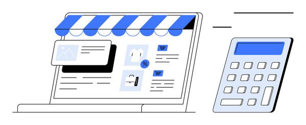 Laptop with storefront awning, product images, and text, paired with a digital calculator. Ideal for online shopping, retail, small business, finances accounting technology commerce. Simple flat