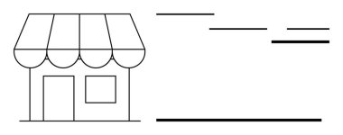 Çizgili tenteli, kapısı ve penceresi olan küçük bir dükkan. Boş çizgiler iletişim, markalaşma ve ticareti işaret ediyor. Perakende, dağıtım, e-ticaret yerel pazarlama tabelaları için ideal